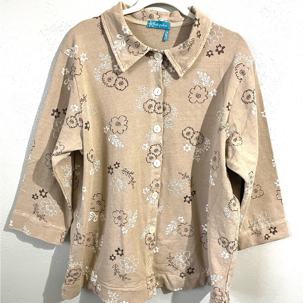Fresh Produce Cotton Floral Jacket Tan Button Long Sleeve 1X USA Cottagecore